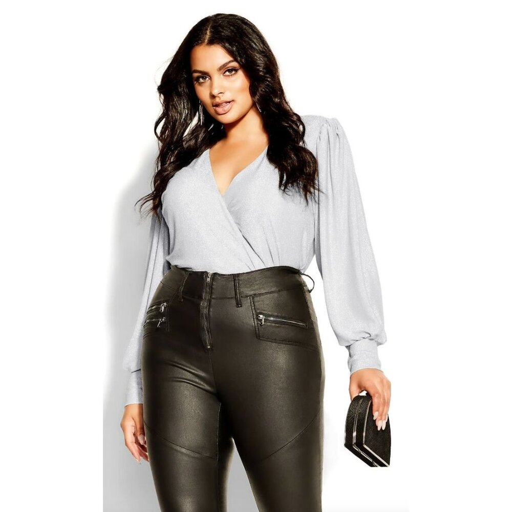City Chic Womens Plus XXL Glowing Top Silver Metallic Long Sleeve Surplice Shirt